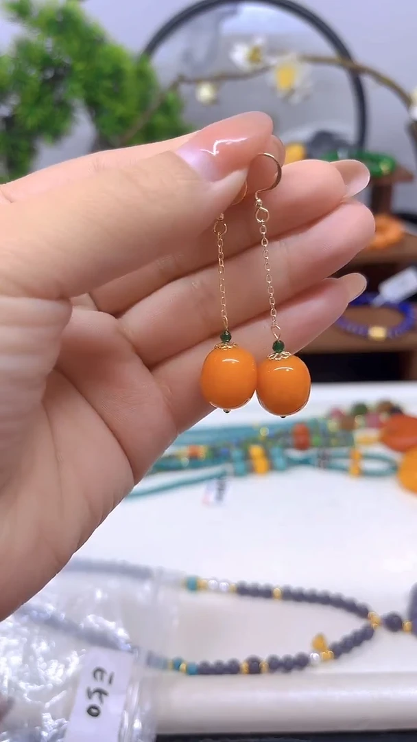 蜜蜡14K金镶嵌耳饰E50