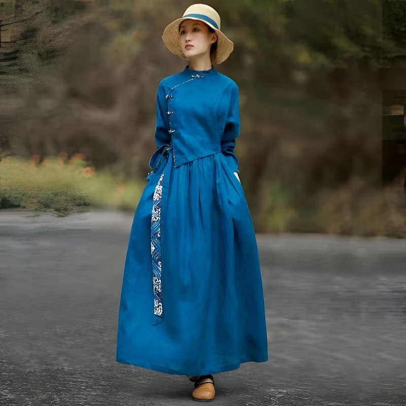 棉麻旗袍连衣裙女2025秋冬新款复古文艺立领盘扣宽松显瘦气质长裙