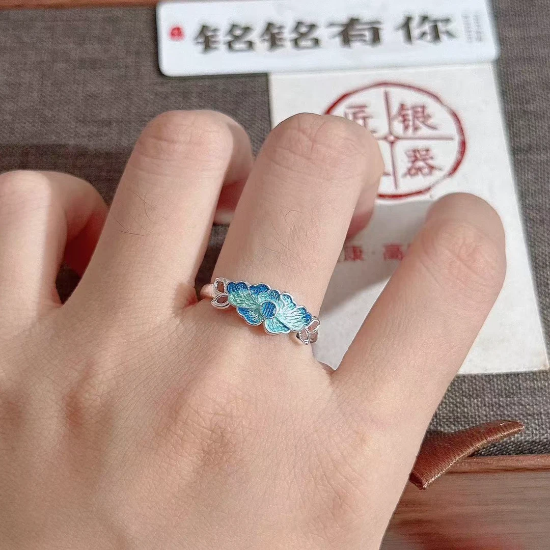 铭铭有你 足银戒指 浅蓝莲花  开口推拉戒指