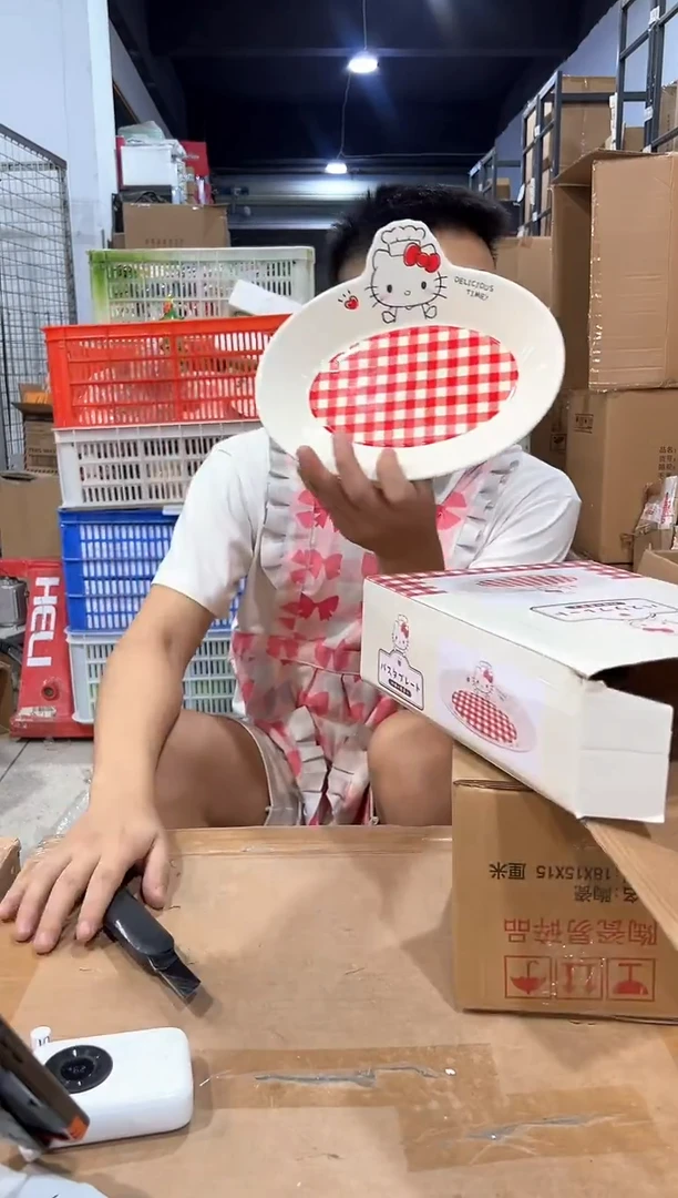 瓷片原盒kt猫红格子餐盘微瑕介意勿拍