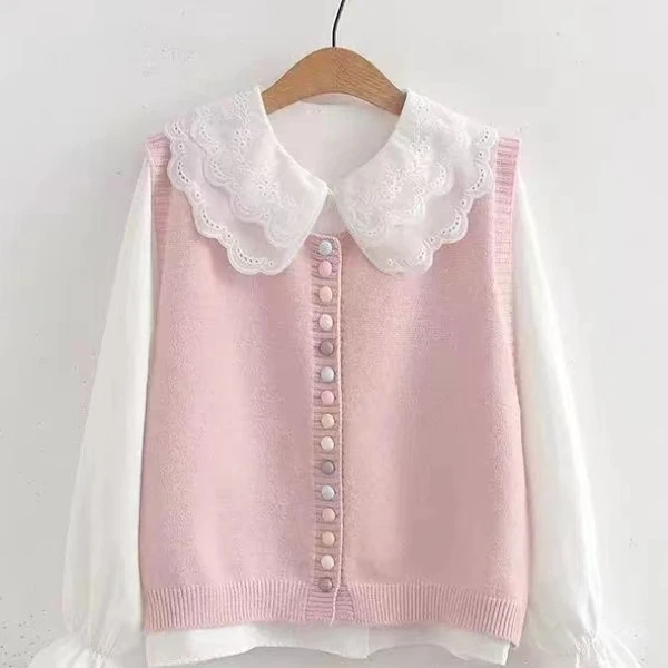 甜美可爱装彩扣针织女马甲新款女娃娃领衬衫套装叠穿马甲两件套装