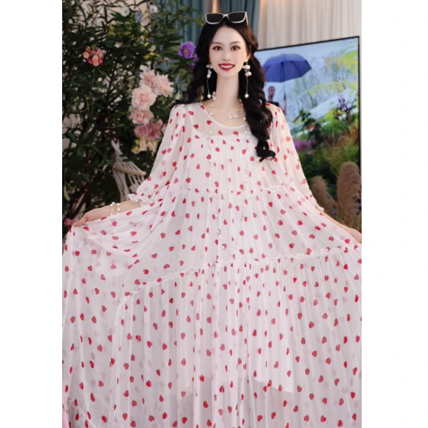 25新款法式设计师夏桑蚕丝气质宽松时尚长款女装连衣裙251D708