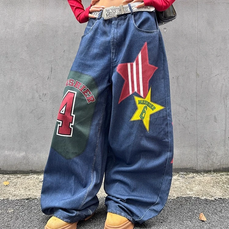 美式复古设计感星星印花牛仔裤2025女秋季新款宽松显瘦慵懒风长裤