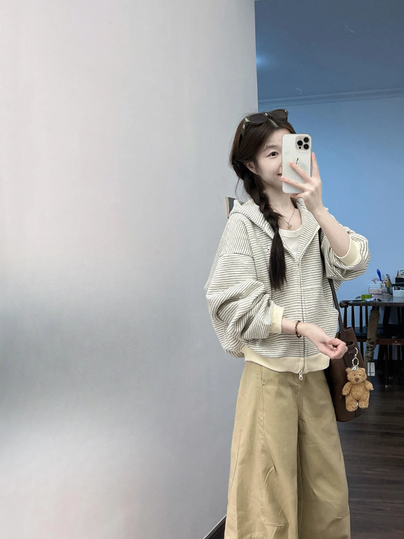 2025秋季韩系氛围感宽松条纹开衫连帽卫衣外套女休闲阔腿裤两件套