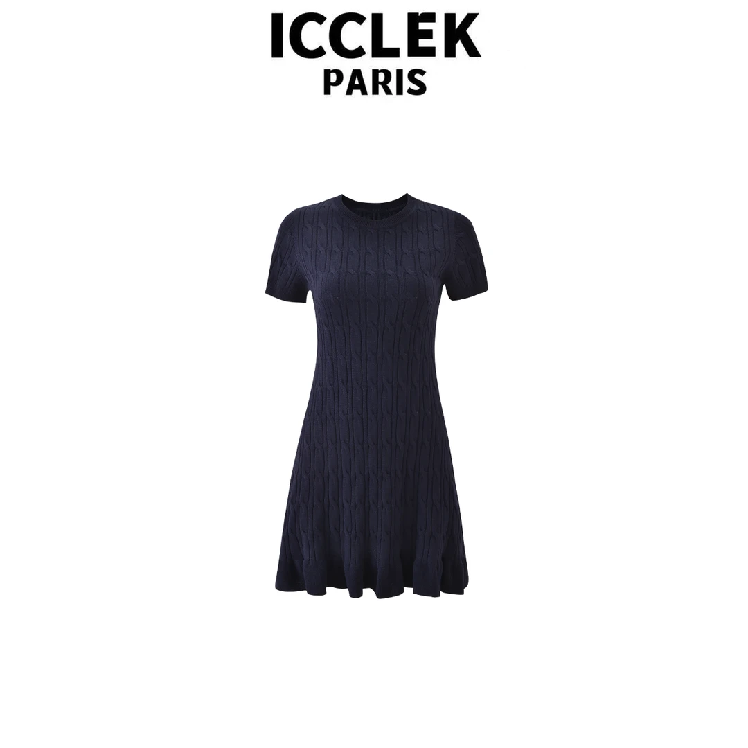 ICCLEK 夏季圆领双绞花藏蓝色短袖学院风连衣裙修身名媛气质-1304