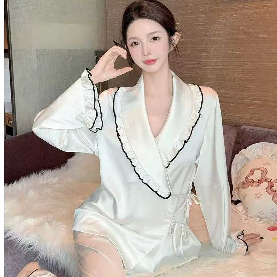 2025新款高级感长袖冰丝缎面家居服套装女士夏秋款缎面提花
