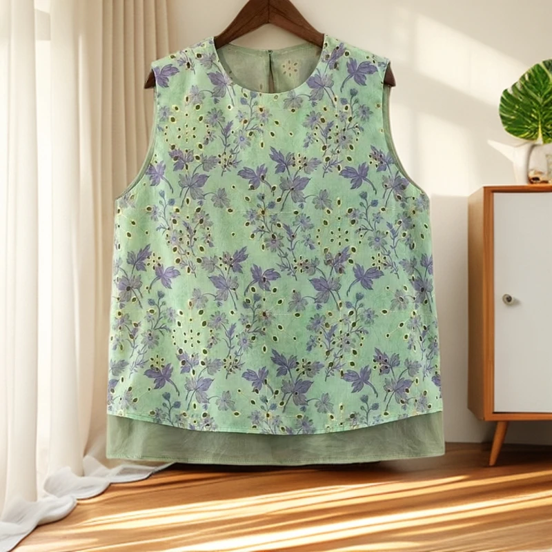 小碎花镂空刺绣无袖小衫经典百搭时尚洋气女士夏季上衣透气款764