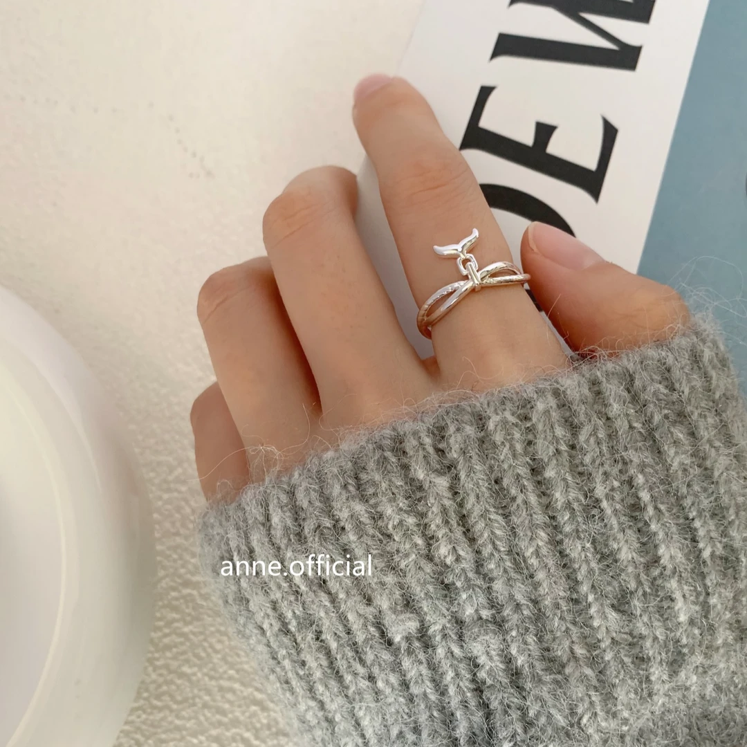 铜合金戒指 【人鱼少女】韩系设计感交叉鱼尾可调节戒指小众指环