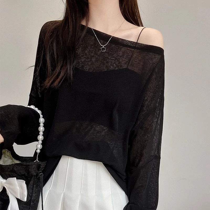 宽松防晒衣长袖t恤罩衫女夏季薄款一字肩内搭慵懒风百搭针织上衣