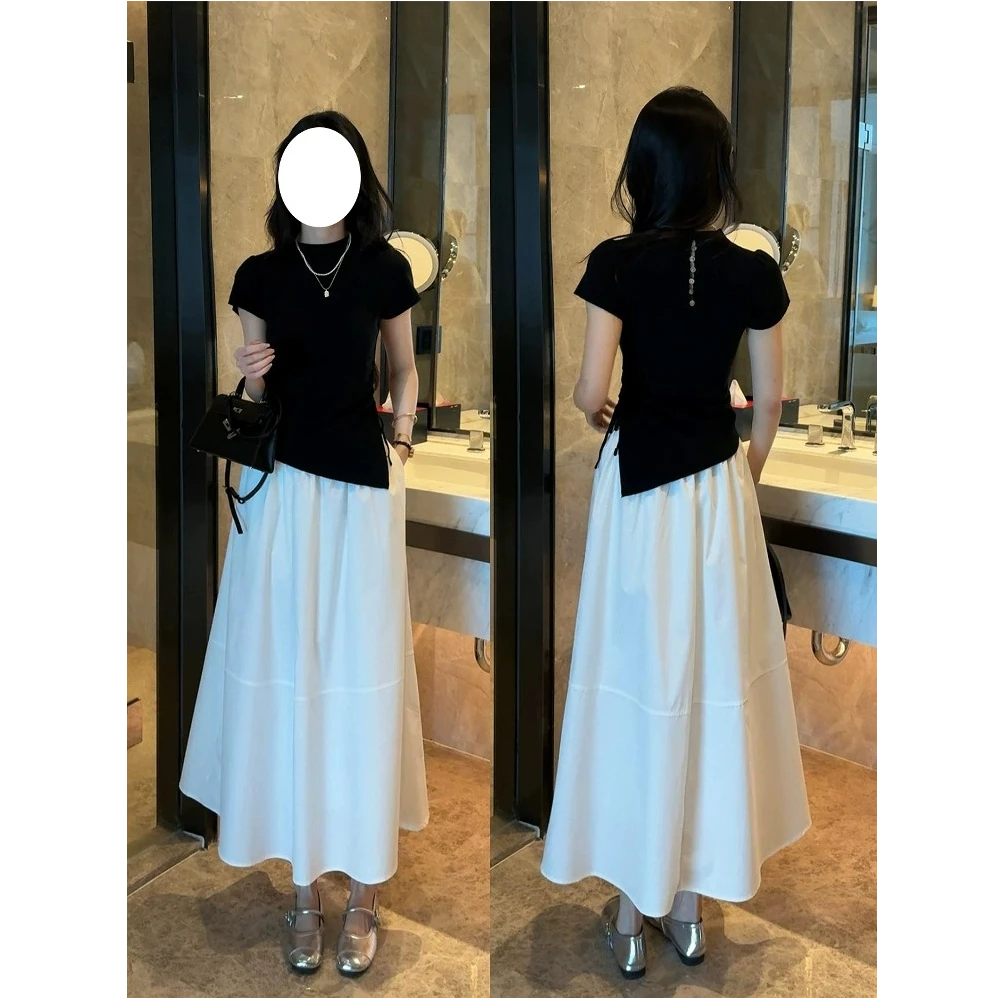 夏季新款时尚套装女抽绳修身纯棉短袖+高腰半身裙显瘦两件套女