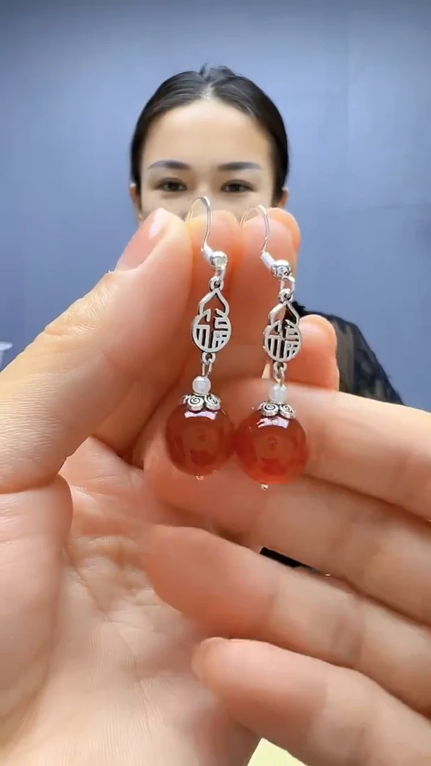 银S925镶嵌南红玛瑙耳饰随昔diy颈饰