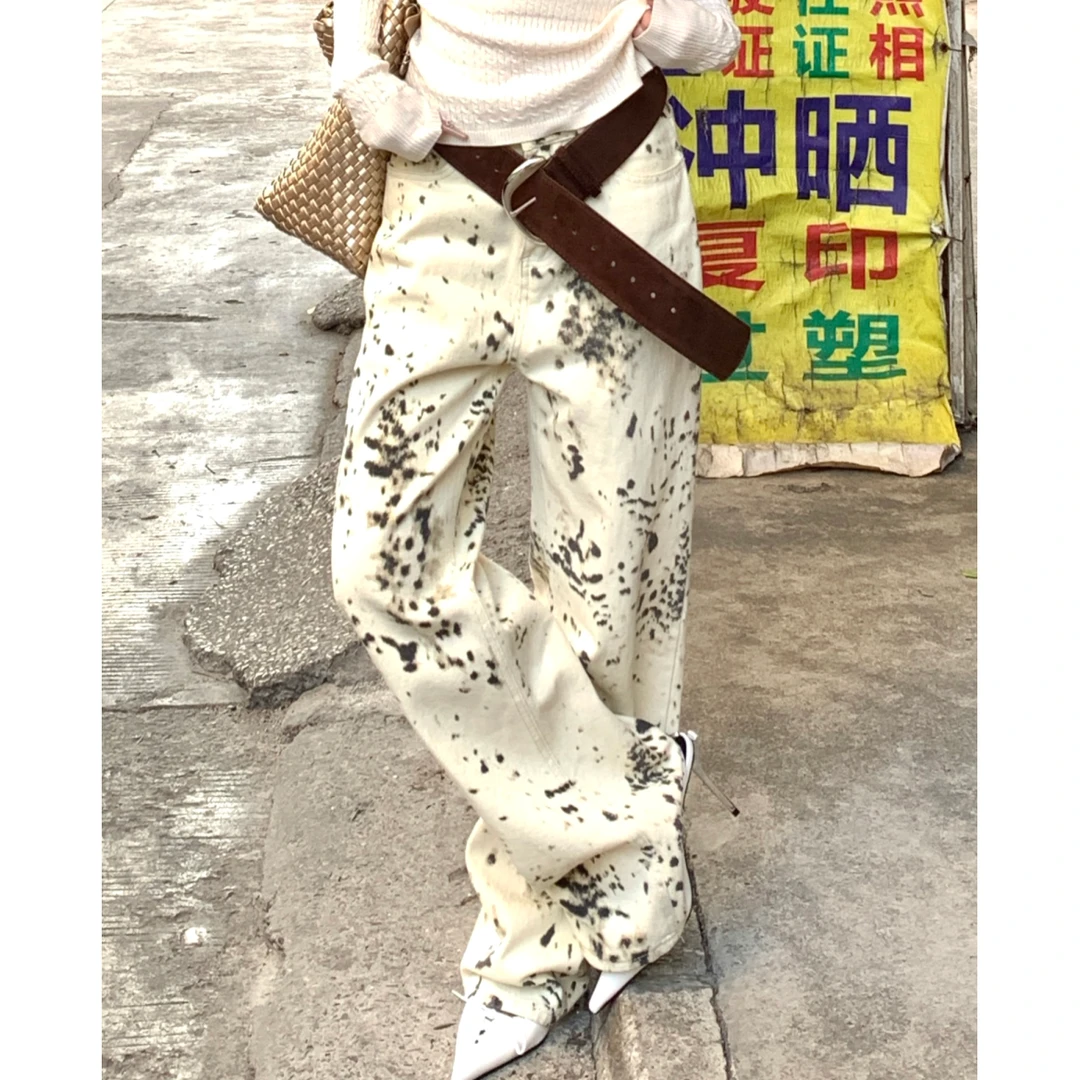 美式复古白色豹纹牛仔裤女加长款辣妹宽松休闲直筒阔腿裤