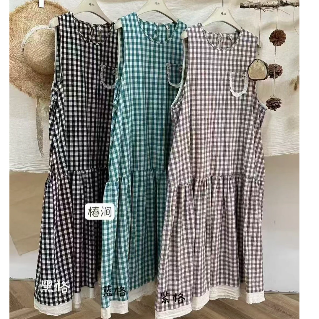 【小李】CJ99072春夏新款棉麻格子连衣裙