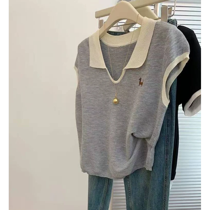 【剪刀领小狗】小狗刺绣剪刀翻领薄款飞飞袖针织短袖T恤1670