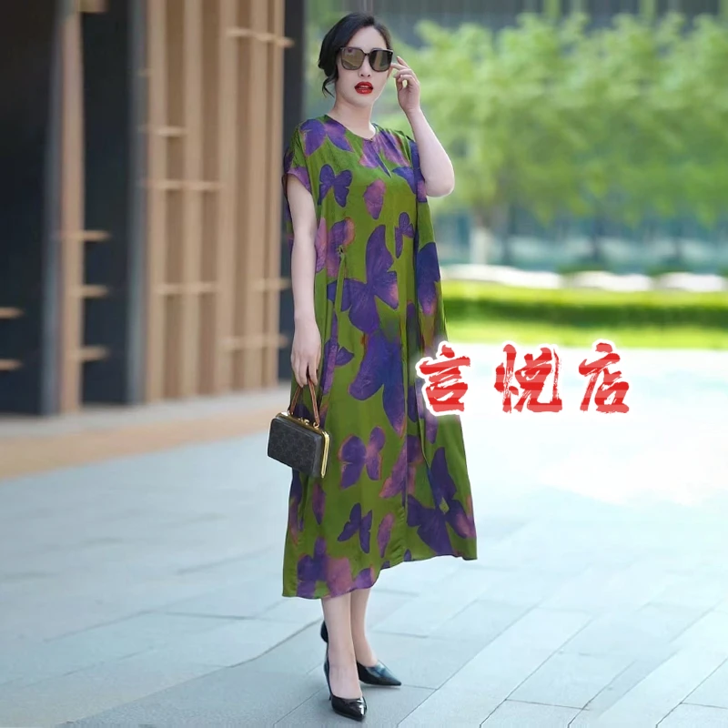 6109高级感真丝连衣裙夏季新款宽松遮肚桑蚕丝中长款过膝大码裙子