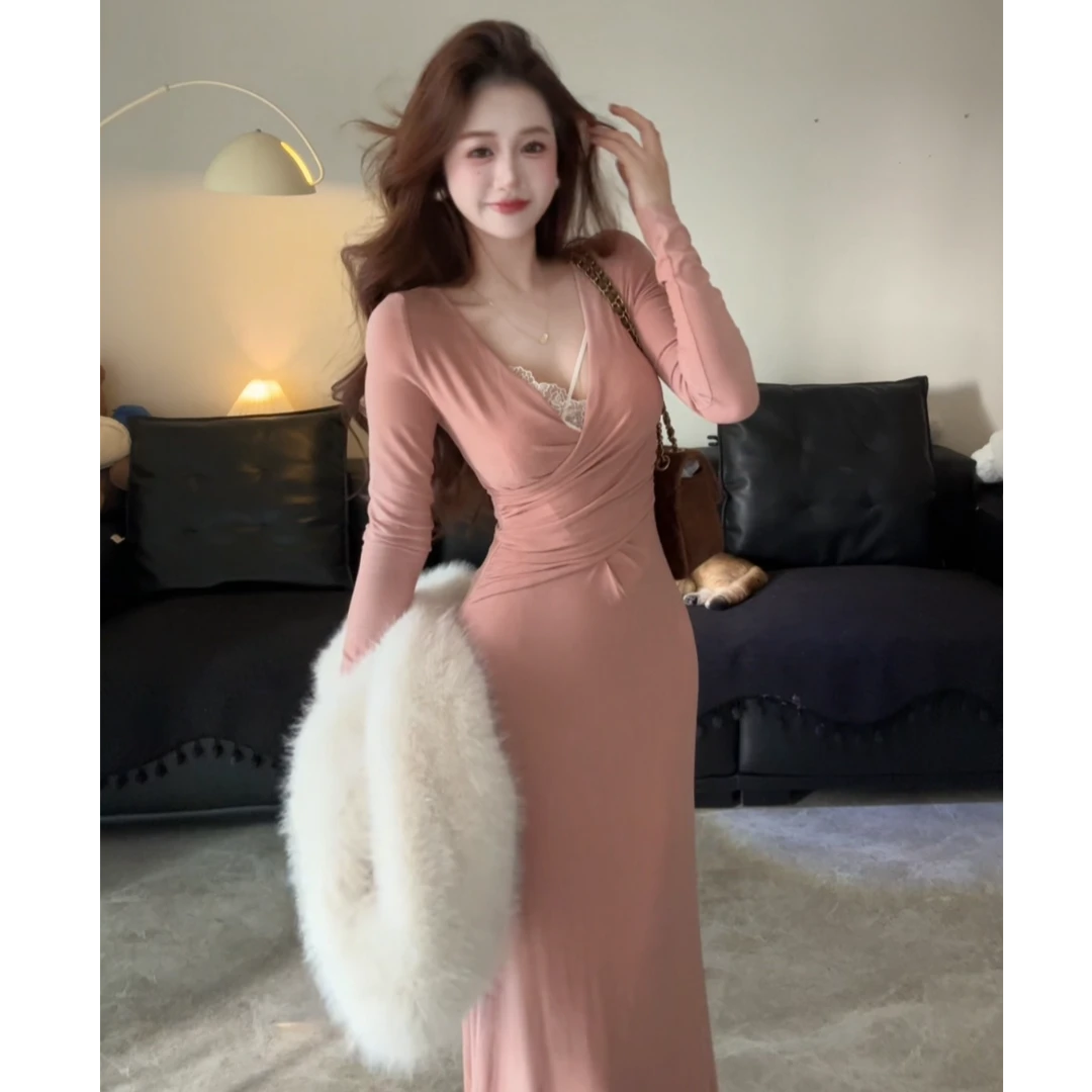 慵懒欧尼 法式v领长袖连衣裙女秋冬氛围感裙子