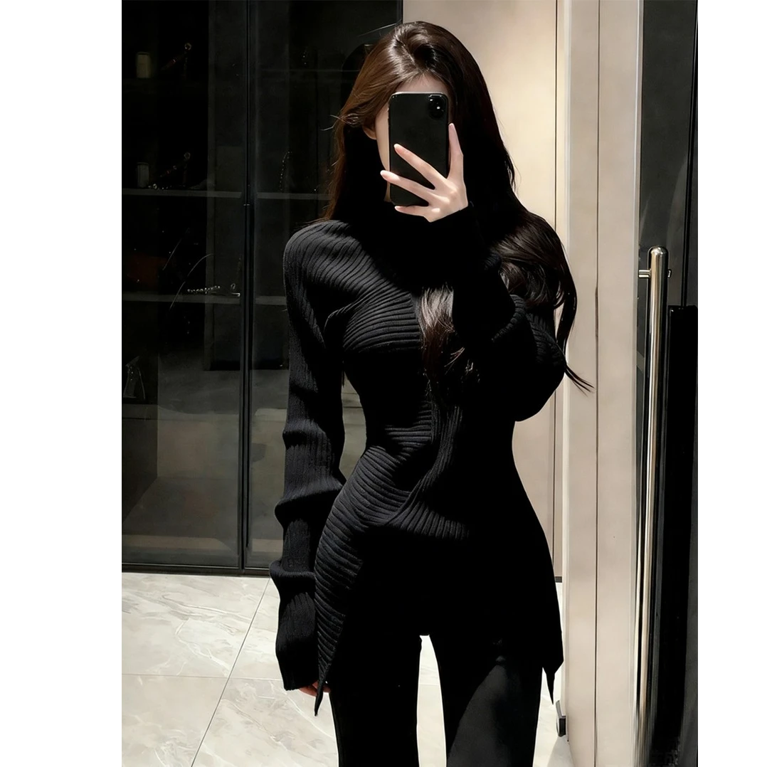 韩版气质黑色不规则毛衣女气质高级感显瘦韩系针织衫高领打底衫