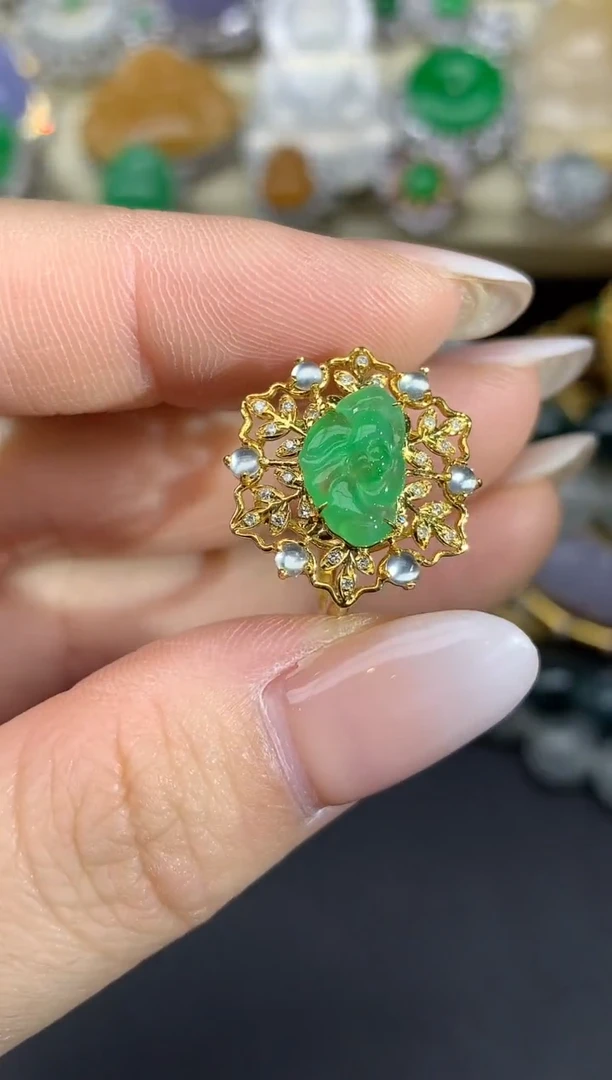 翡翠戒指18K金镶嵌34-雪姐翡翠天天见