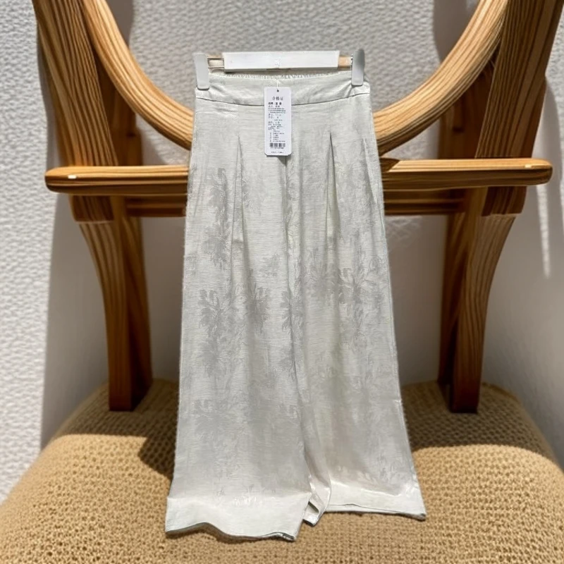 新中式阔腿裤田园风直筒提花长裤白色高腰透气休闲裤0577