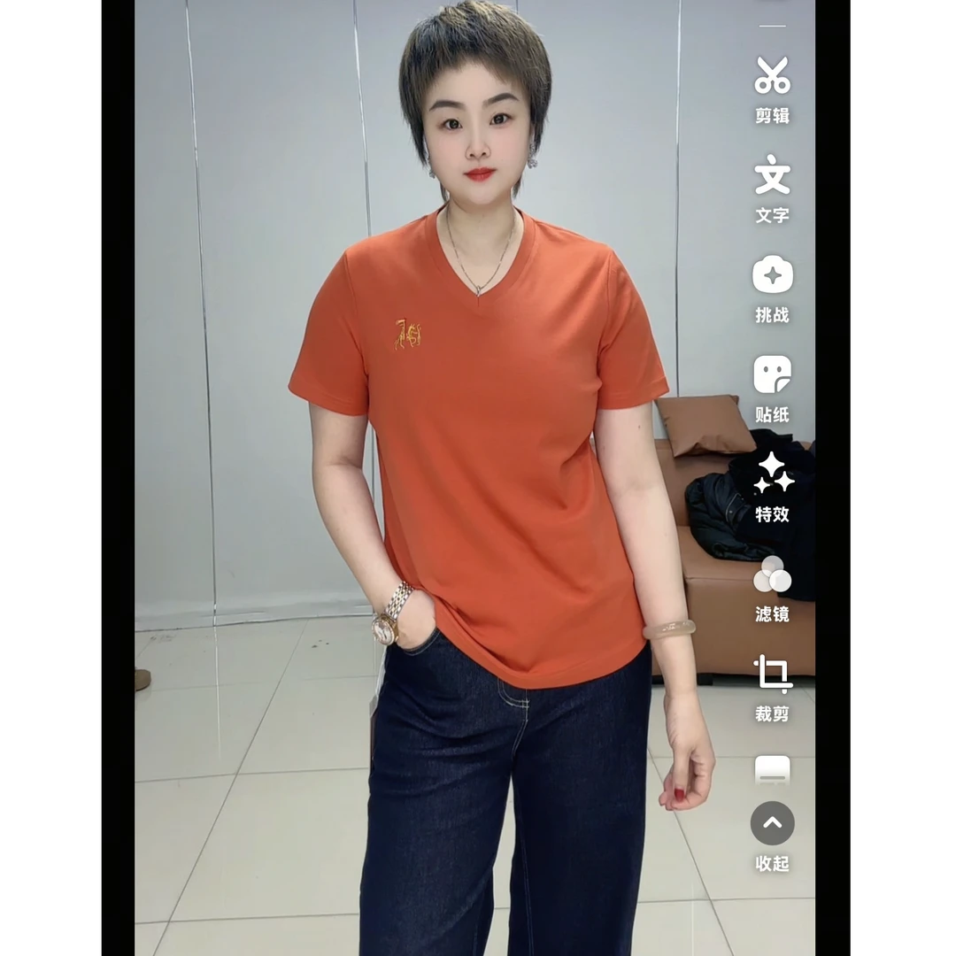 小施家女士时尚百搭纯色刺绣V领显瘦T恤501