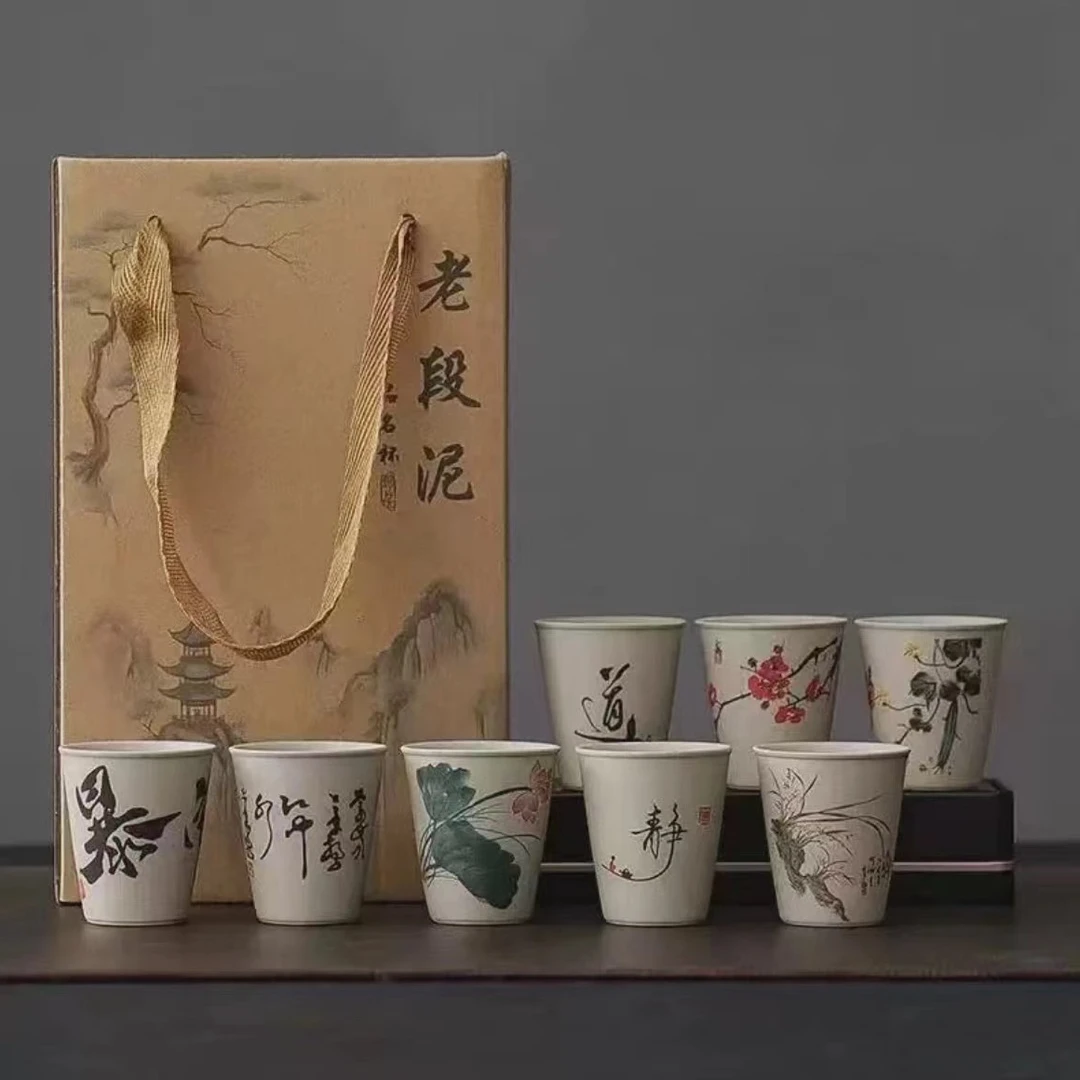 LX137个性手绘老陶泥粗陶功夫茶具茶杯8个装