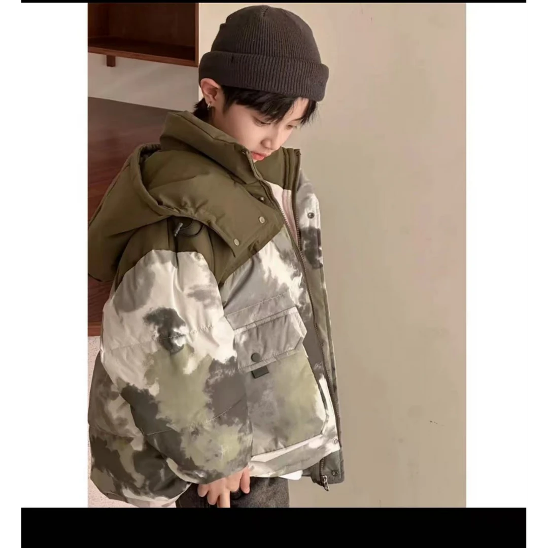 潮牌中大童男女童冬季外套迷彩拼接防寒服扎染痞帅双口袋