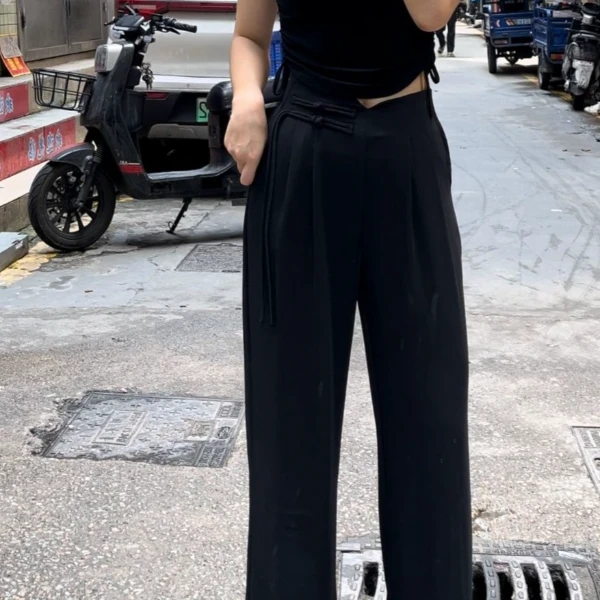 （孤品）高中腰薄款休闲直筒女裤宽松时尚百搭休闲显瘦开叉垂感