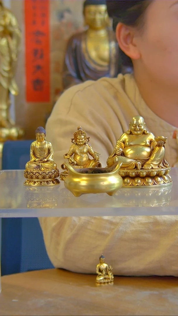 紫铜鎏金4.5公分桥耳炉-W