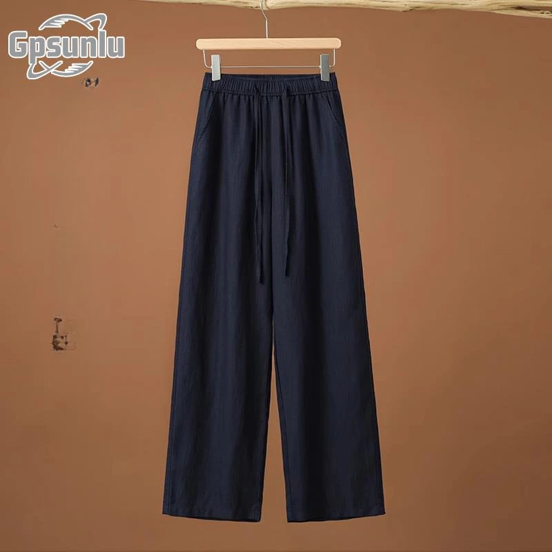 gpsunlu高腰女裤藏青色阔腿裤夏薄款防晒直筒裤休闲夏季复古宽松