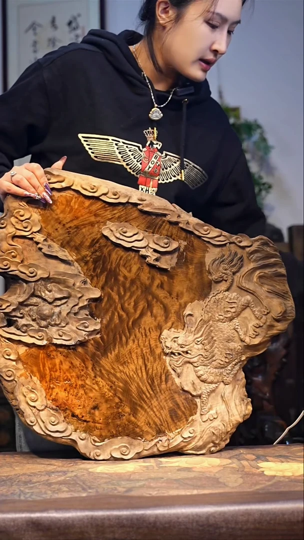 金丝楠【59】 精品芝麻瘤 云彩 满花 一木整雕 纯干金丝楠麒麟茶盘