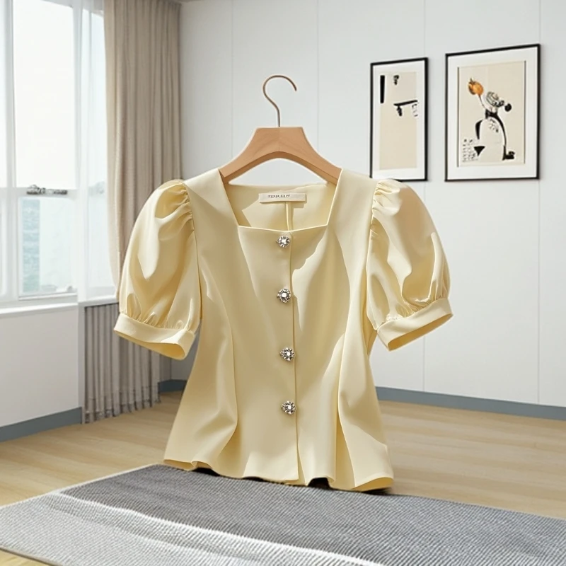 夏季时尚洋气休闲风方领短袖衬衫女设计感小众气质显瘦短款上衣潮