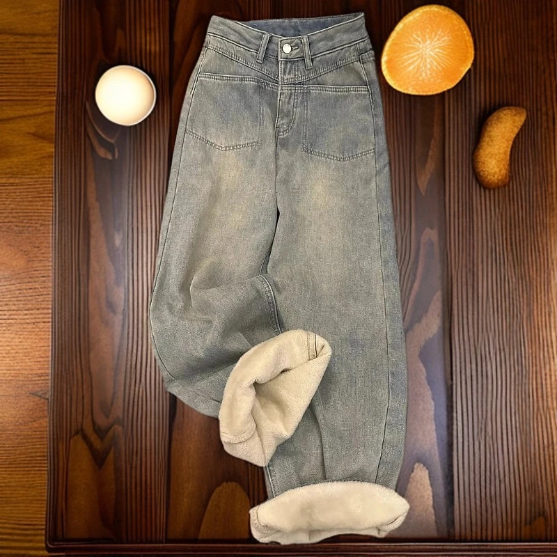 冬季新款加绒加厚复古蓝牛仔裤女装高腰百搭宽松显瘦直筒阔腿裤潮