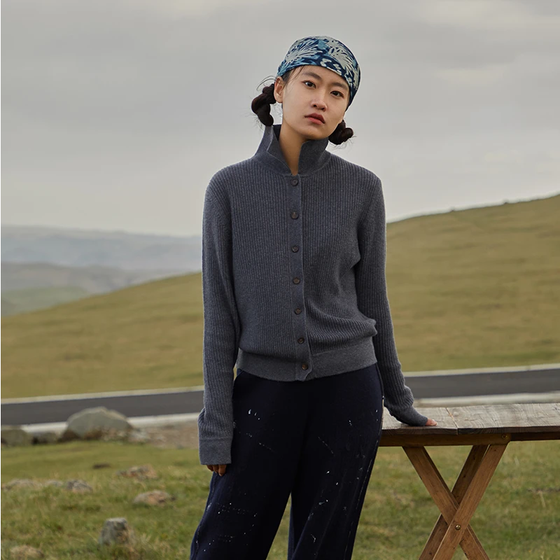 Say Ya【然】双月开衫 定纺羊绒白厂丝翻领上衣 系扣针织