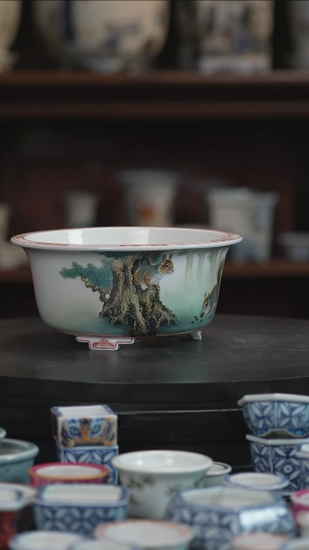 釉上手绘盆工*茶釉上手绘盆 工*茶