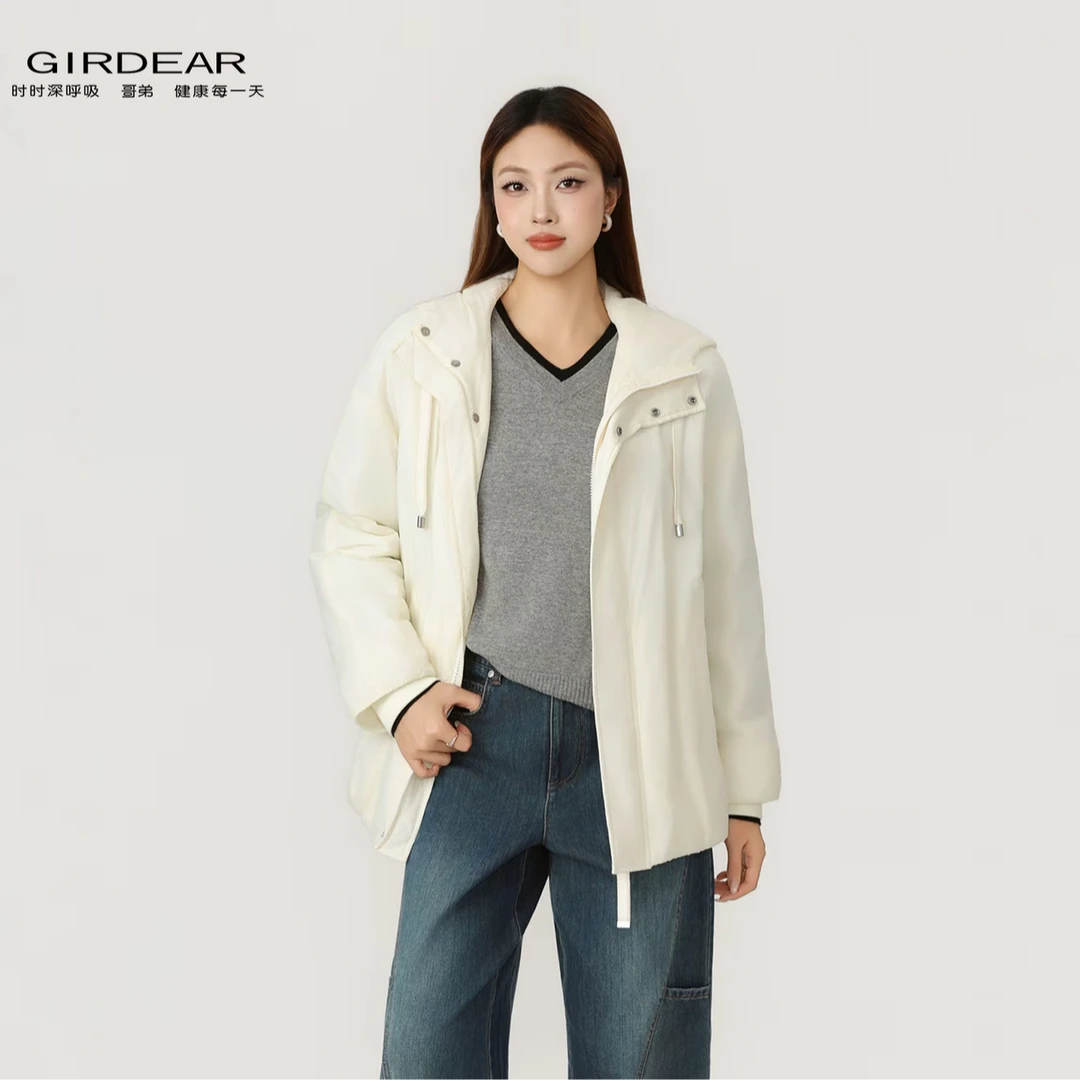 GIRDEAR/哥弟女保暖棉服宽松直筒菱格棉衣连帽冬季上衣秋冬140052