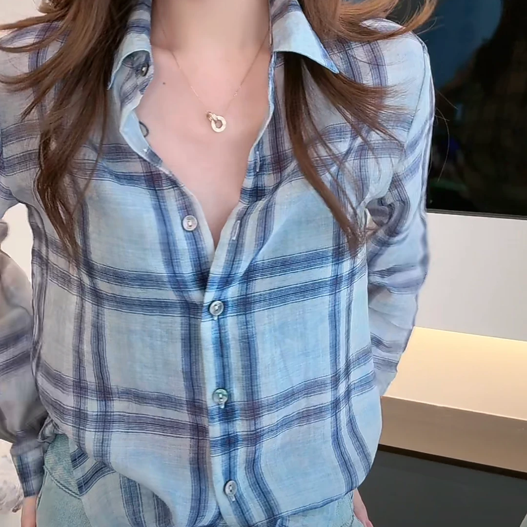 港风洋气时尚格子衬衫慵懒宽松长袖衬衣女2025夏季新款女款衬衫