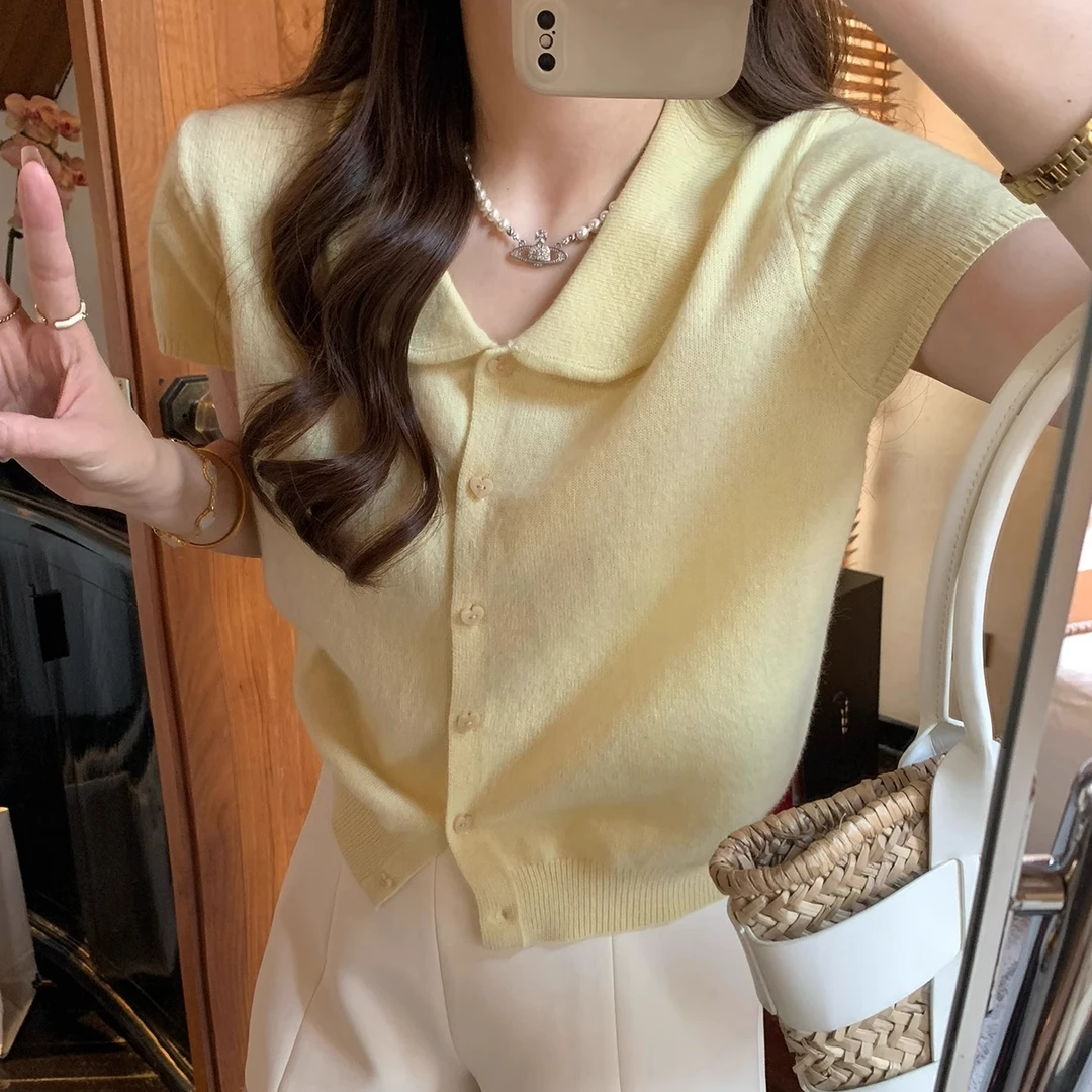 温柔甜美娃娃领针织衫短袖T恤女夏季新款显瘦气质百搭短款上衣女