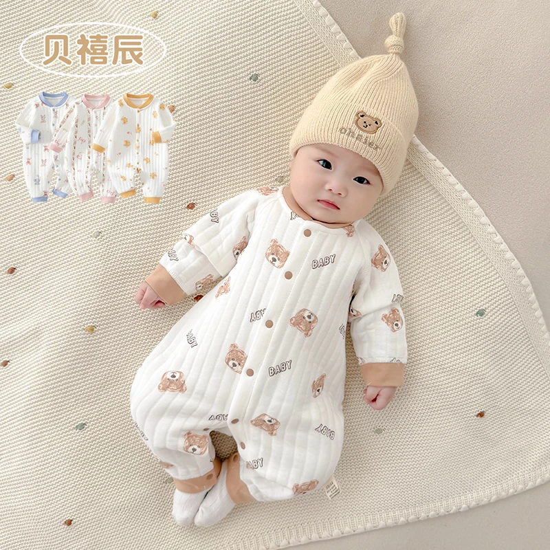 婴儿衣服春秋冬季三层夹棉加棉套装薄棉外出服宝宝保暖连体衣秋装