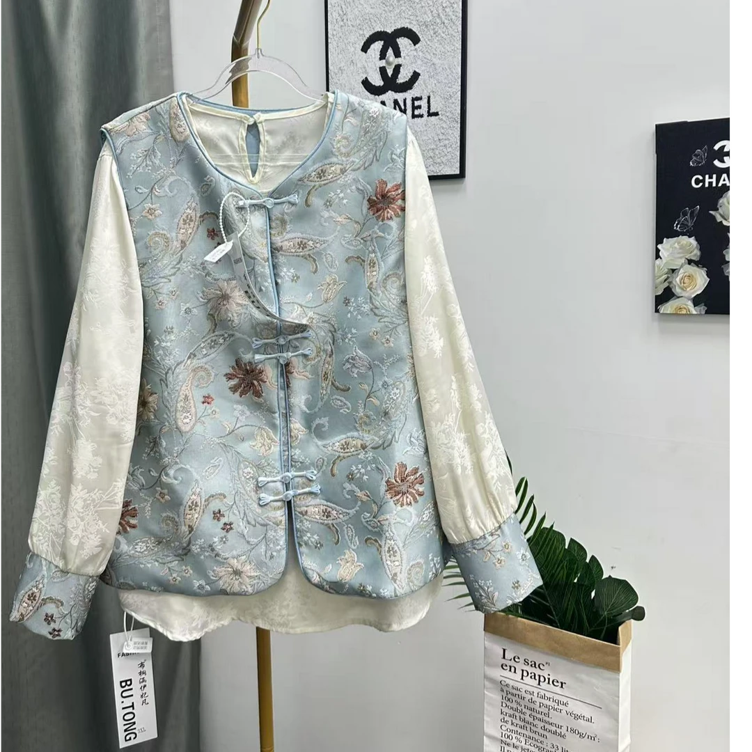 玖喜高级感新中式女装复古圆领马双盘扣百搭马甲显瘦套装2403