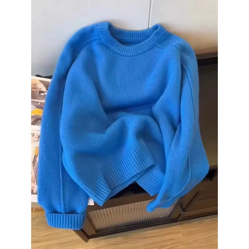 克莱因蓝毛衣女2025春季新款圆领套头针织衫超好看显瘦宽松上衣女
