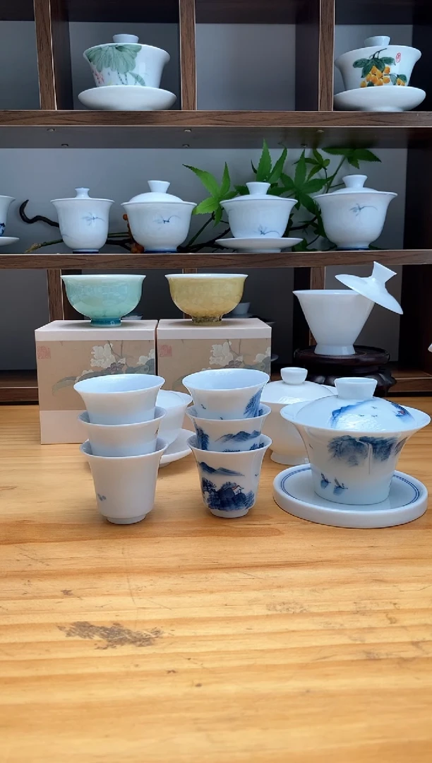 【闪购商品】手绘山水马蹄盖碗+6马蹄杯