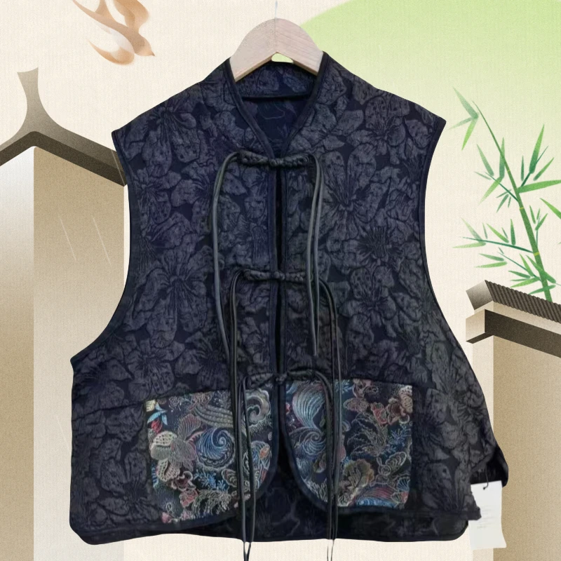 新中式国风盘扣提花马甲女刺绣拼接洋气马夹外套背心坎肩上衣