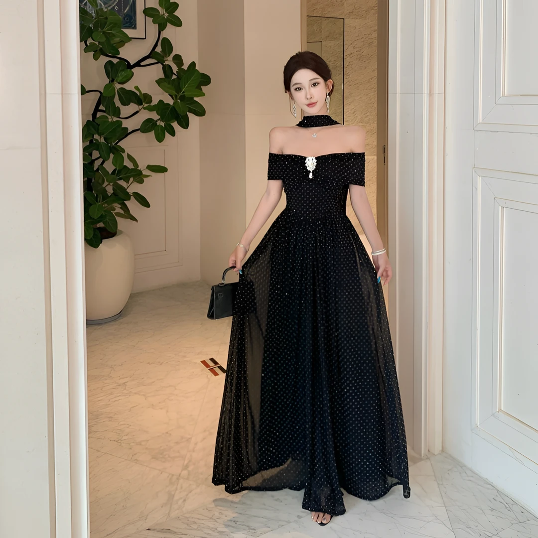 法式复古小众高级感夏季新款纯欲性感名媛网纱一字肩重工钻连衣裙