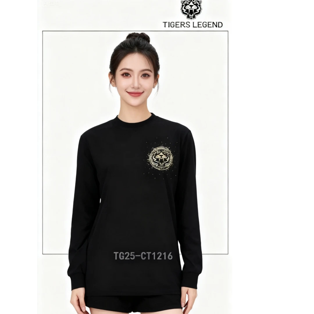 TIGERS LEGEND轻奢时尚虎头烫钻全棉打底黑色印花圆领打底CT1216