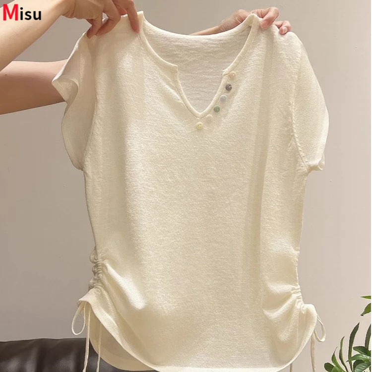 MISU奶白杏色V领短袖针织t恤女夏季设计感小众褶皱收腰显瘦小飞袖
