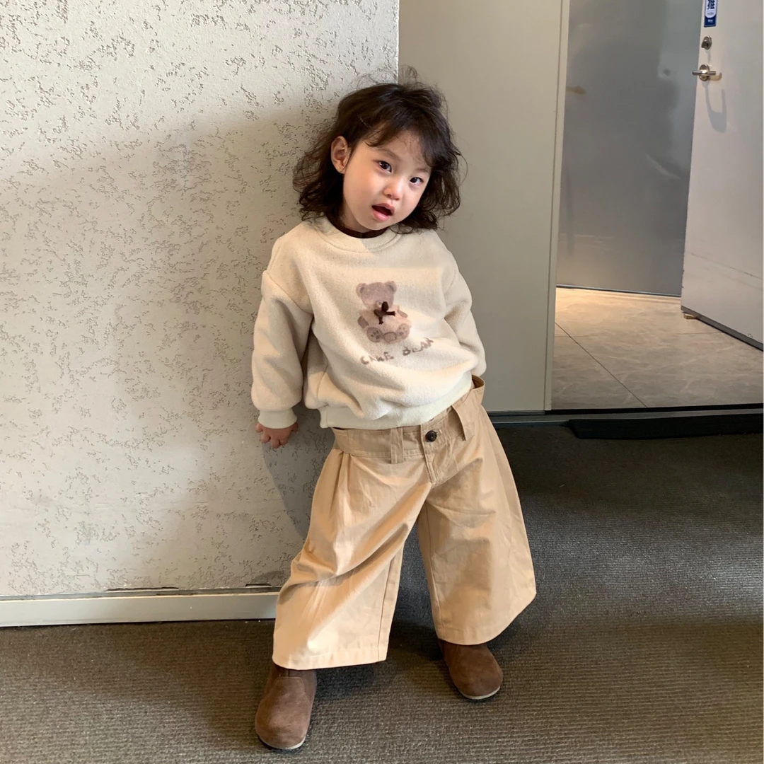 甜小七女童2025秋季新款韩版休闲可爱小熊加绒套头卫衣阔腿裤套装