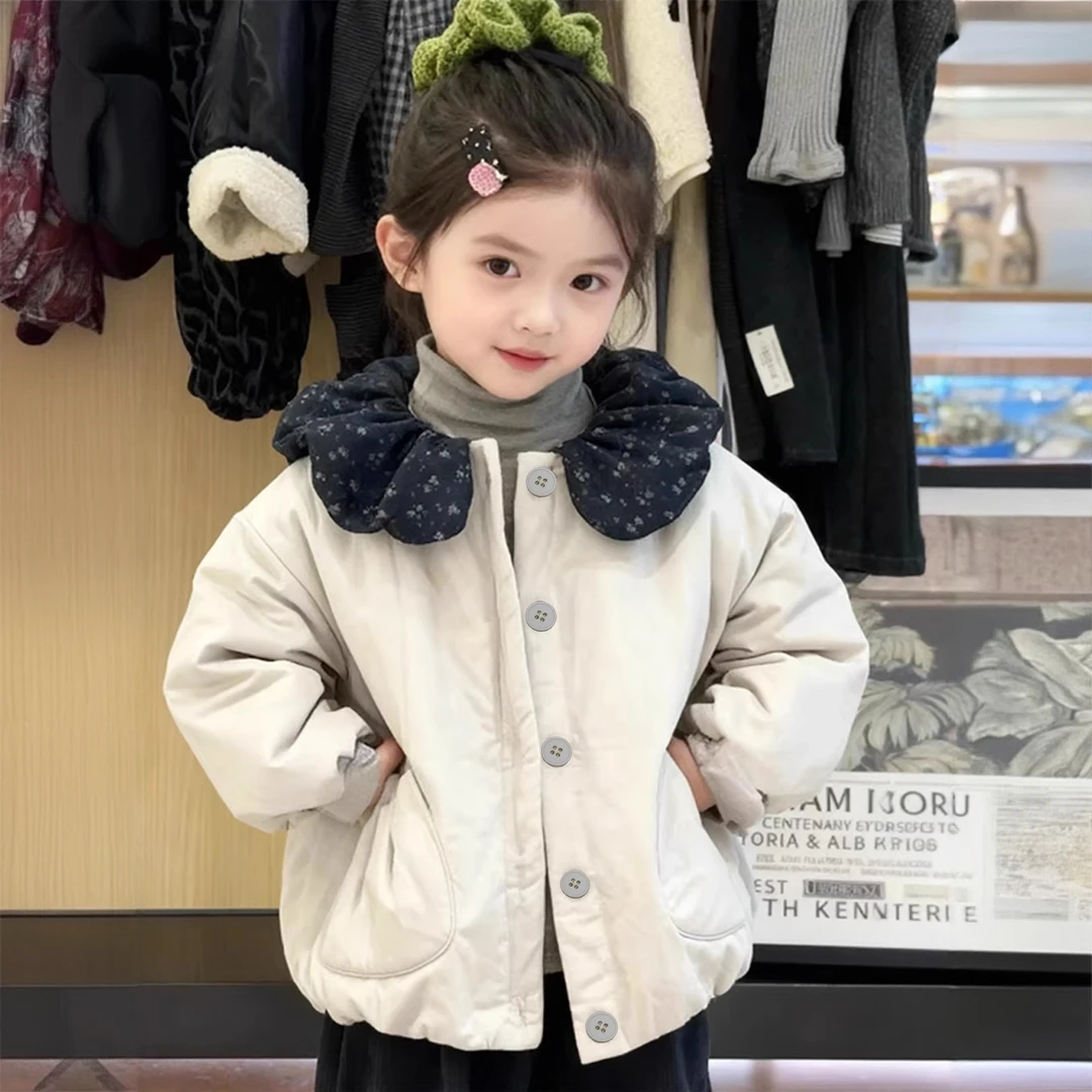 女童冬季款洋气保暖夹棉翻领加厚棉服碎花娃娃领韩版时尚棉袄外套