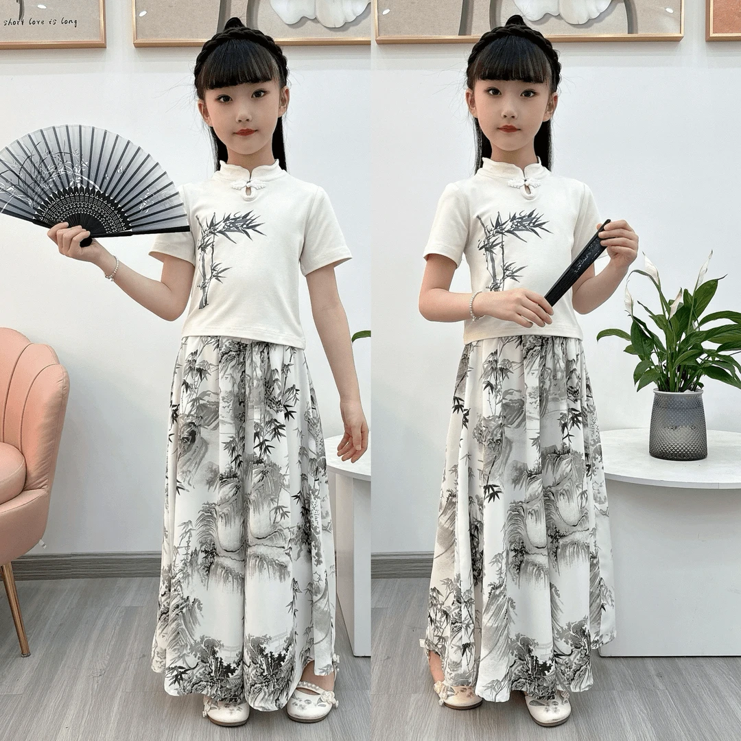 女童夏装套装2025新款国风宽松中式裙裤两件套夏季薄款裙裤中大童
