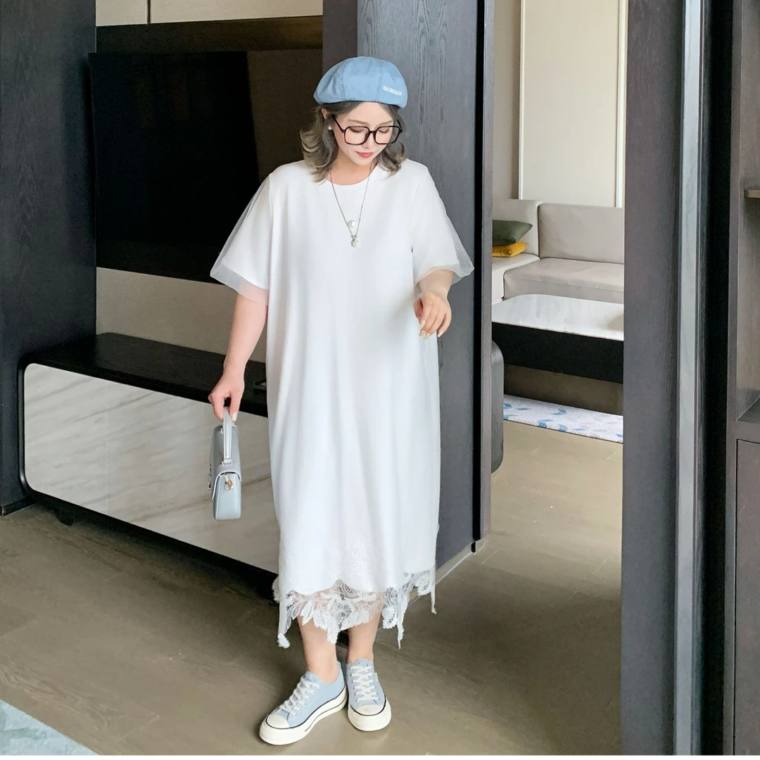 媛子大码重工蕾丝拼接连衣裙简约高级优雅宽松显瘦夏季新款