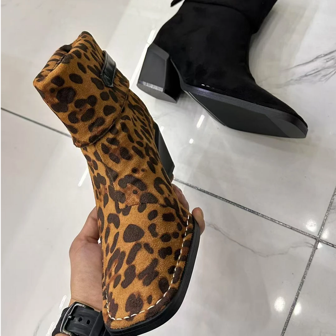 豹纹尖头低跟秋冬韩系洋气小短靴女瘦瘦鞋2024春秋新款法式小踝靴